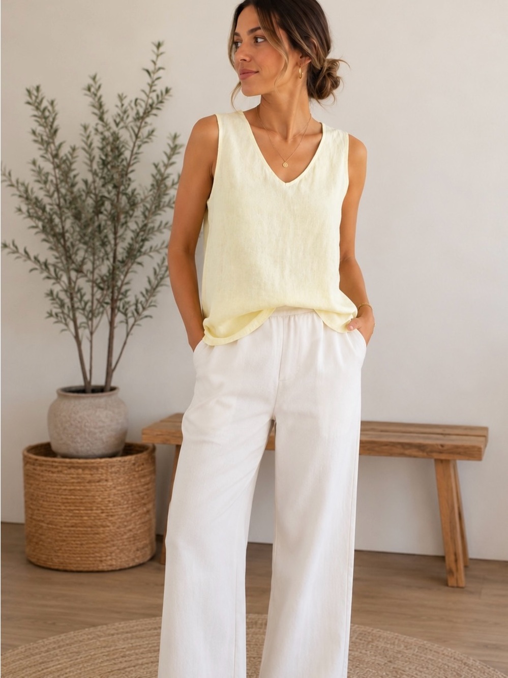 FLAX Butter Yellow V-Neck Sleeveless Linen Top Women’s Large Relaxed Lagenlook